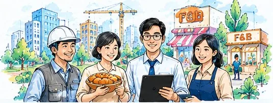 Illustration of people in construction, bakery, office and F&B work using TekShot AI
