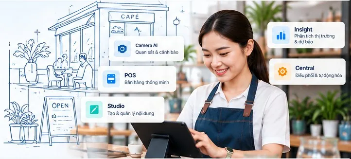 Café staff using a tablet, with cards for the 5 AI assistants: Camera AI, POS, Studio, Insight and Central