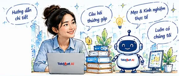 A TekShot AI team member working on a laptop with an assistant robot, surrounded by guides, FAQs and practical tips