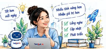 Nhân viên TekShot AI bên laptop cùng robot và tên lửa: lắng nghe, cập nhật, phát triển