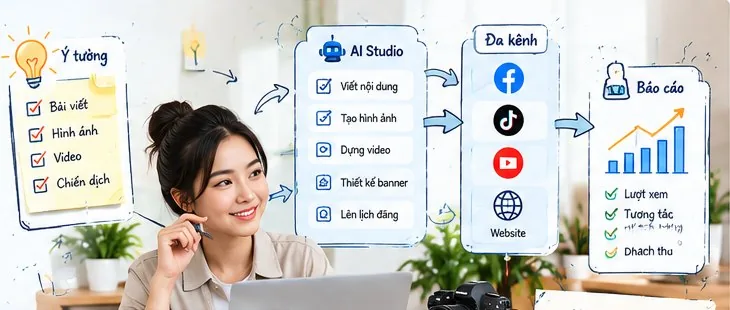 Studio AI tạo bài viết, ảnh và video cho nhiều kênh